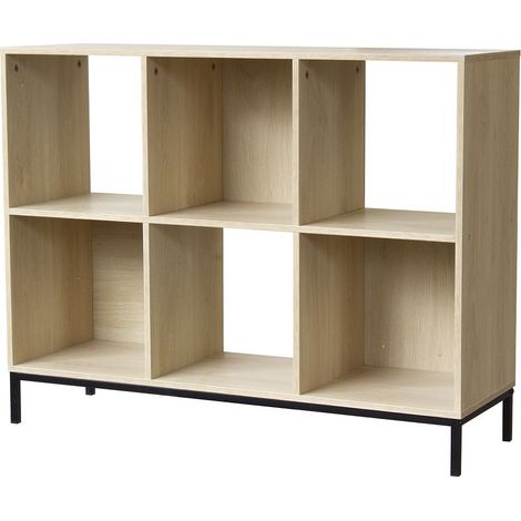 Etagère de rangement 6 cases en panneaux de particules décor bois – Pieds métal noir – Dimensions 93,5 x 29,5 x 72,6 cm