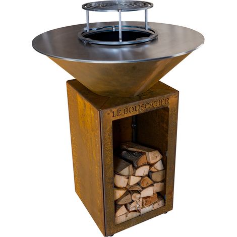 Lou Bouscarian rond ⌀ 74cm - Brasero plancha rond en acier corten avec rangement bûches - grille et stop food inclus