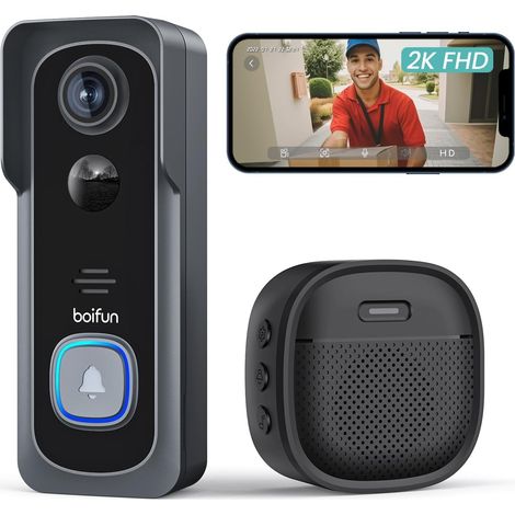 Sonnette sans Fil Exterieur Etanche, Grand Angle de 166°, avec Carillon sans Fil, Installation Facile, Détection Humaine par IA, Vision Nocturne, IP65 étanche, Wi-FI 2,4 GHz, 2K/3MP Noir (1/5)