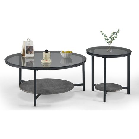 Coffee Table Set,Round Nesting Coffee Table,Glass End Side Table for Living Room with Black Cross Metal Frame (1/5)