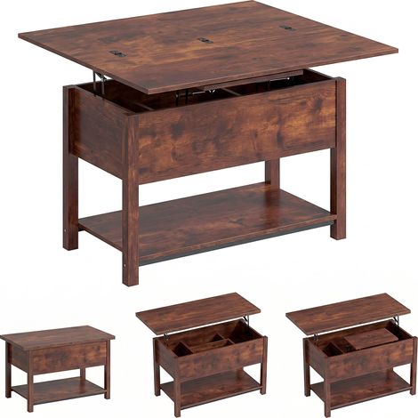 Table basse relevable et extensible table de salon avec compartiment caché étagère ouverte 100x45x50,5cm brun rustique (1/5)