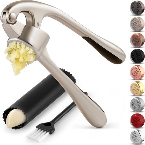 Juego de prensa de ajos prémium para la cocina: prensa de ajos profesional, inoxidable y apta para lavavajillas fácil de usar y limpiar gracias a su mango ergonómico y flexible pelador de silicona y c (1/5)