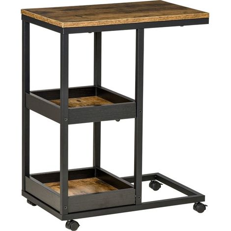 Table of auxiliary in shape of C with casters, shelves lorsqu and structure in steel for living room or bedroom, 51 x 33 x 66 cm, brown fonce (1/5)
