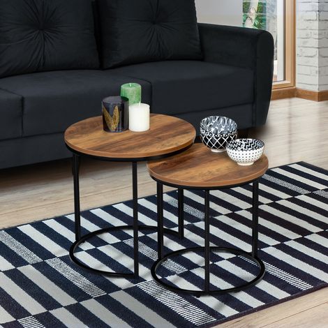 Juego de 2 mesas de centro redondas HAWKINS 40/45 de madera oscura, diseño industrial (1/4)