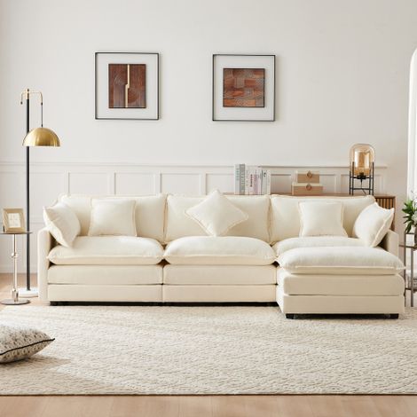 Modernes L-förmiges Ecksofa, Polstersofa aus Chenille-Stoff als Dreisitzer mit Fußstütze, Polstermöbel, geeignet für Wohn- und Schlafzimmer, Beige, Video verfügbar (oldsku:N653P5831W)