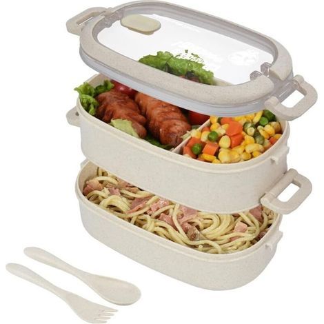 Beige Boite Repas en 2 étages avec le couvert, boite bento hermétique. Boite Déjeuner ideal pour le Pique-Nique, le Travail. Passe au Micro-Ondes et Lave-Vaiss (1/5)