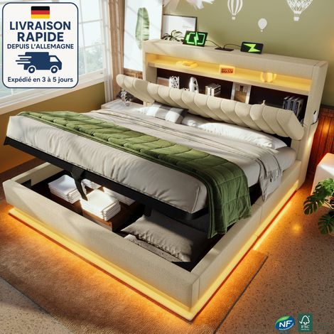 MODFU - Lit coffre adulte 160×200cm, LED, tête de lit avec rangement, ports USB et Type-C, sommier tapissier, sans matelas, lin, beige (1/5)