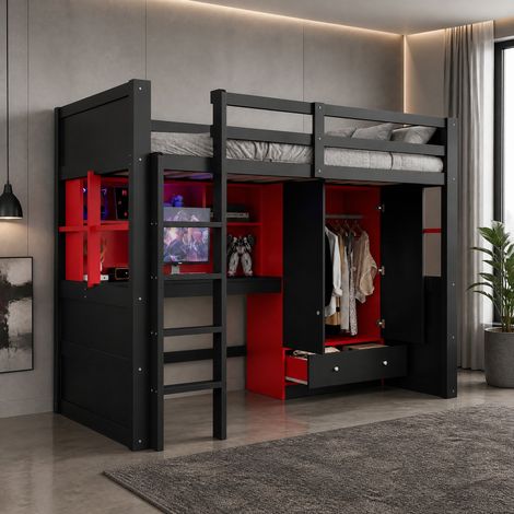 Letto a soppalco 90 x 200 cm con scrivania, armadio, cassetti e LED, nero-rosso OKMYHOME (1/5)