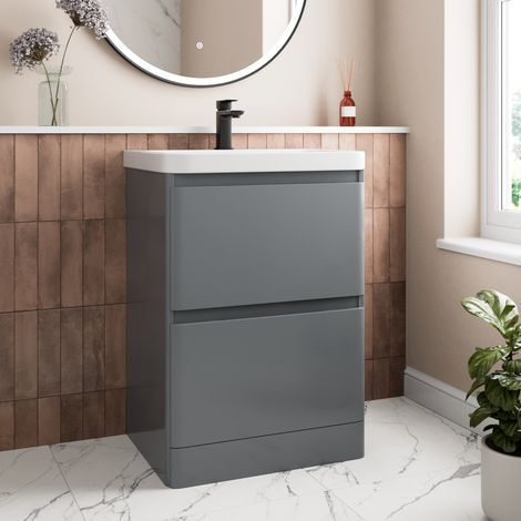 Grey Bathroom Furniture Vanity Unit Basin Storage Cabinet Cupboard 600mm
