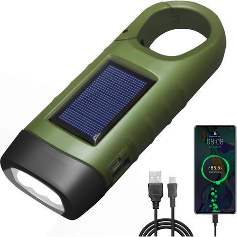 Wiederaufladbare LED-Taschenlampe über USB, Generator-Taschenlampe zum Aufladen von Mobiltelefonen, solarbetriebene wiederaufladbare Taschenlampe mit Wanderclip, geeignet für Notfallsituationen/Outdoo