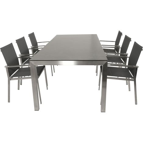 SYDNEY: Garnitur 7-teilig (6x Stapelsessel mit Armlehnen, 1x Ausziehtisch 180/240x100cm rechteckig), Gestell Edelstahl poliert,  Bezug Kunstgewebe grau mit Polsterung, Tischplatte Glas in Keramikoptik