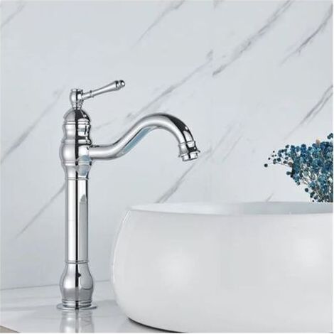 Robinet de lavabo monté sur le pont en cuivre antique à poignée unique pour salle de bain, robinet mitigeur à long bec pour évier, robinet d'évier haut de gamme, galvanoplastie de style haut (1/4)