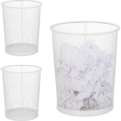 Corbeille à papier, lot de 3, bureau & chambre, ouverte, ronde, grille métallique, poubelle, métal, 35 x 29,5 cm, blanc