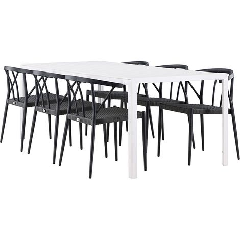 Break Gartenset Tisch 90x205cm weiß, 6 Stühle schwarz.