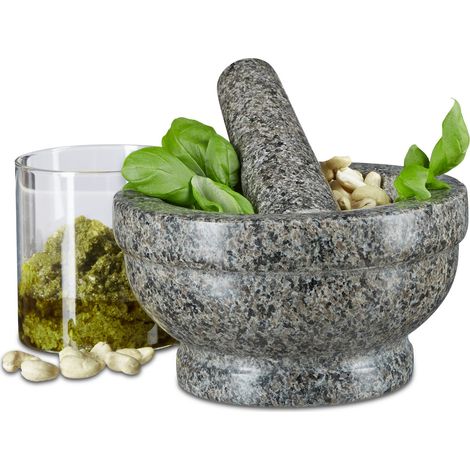 Relaxdays Granit Mortar & Pestle, 17 cm Diameter, Robust & Durable, Stone Herb Grinder, Polished Stone, Grey (1/5)