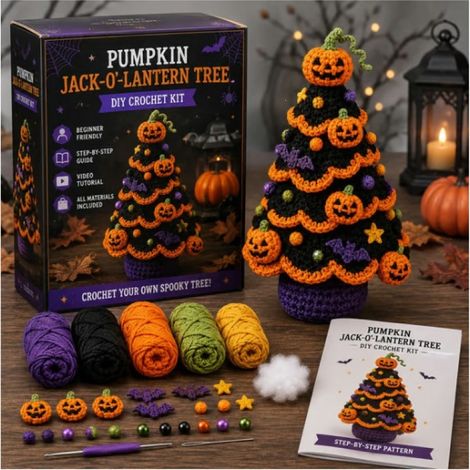 New Halloween Tree DIY Crochet Kit - Spooky Tabletop Decor Pumpkin Crochet Material Kit