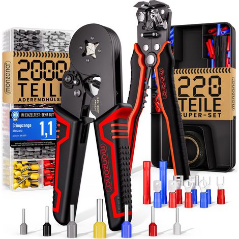 MONZANA® Electricians Square Crimping Pliers & Wire Stripper Set 0.25-10mm² 2000 Cable End Ferrules Electrical Bootlace Terminal Connectors Ratchet Crimp Tool with Storage Bag Black Red