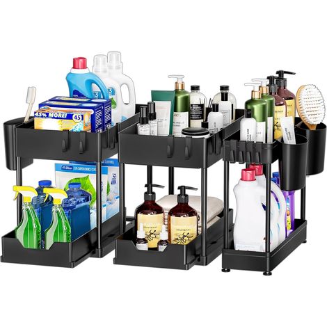 Lot de 3 Rangement sous Évier Cuisine, 2 Grandes 1 Moyenne Étagère sous Évier Rack à 2 Niveaux avec Tiroirs Amovibles, Étagère Rangement pour Cuisine Salle de Bain -Noir (1/5)