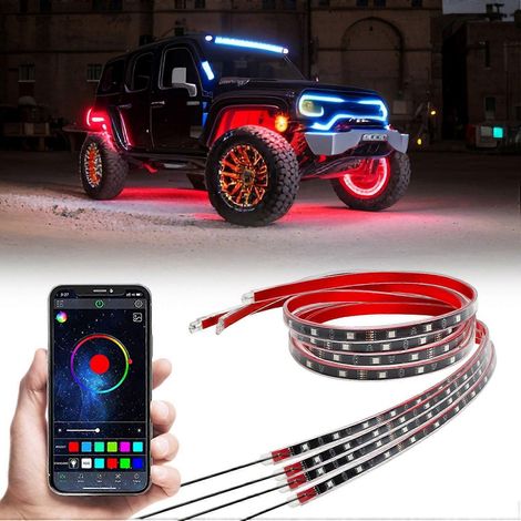 4-teiliges LED-Unterbodenbeleuchtungsset, farbenfrohe LED-Autobeleuchtung, App-Steuerung, Lichtleisten, IP68 wasserdicht, Helligkeit