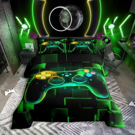 Parure de lit 2 pièces pour enfant Housse de couette 135 x 200 cm Motif géométrique Manette de jeu vidéo Néon Glowing Square Grid géométrique Vert Décoration de chambre (1/5)