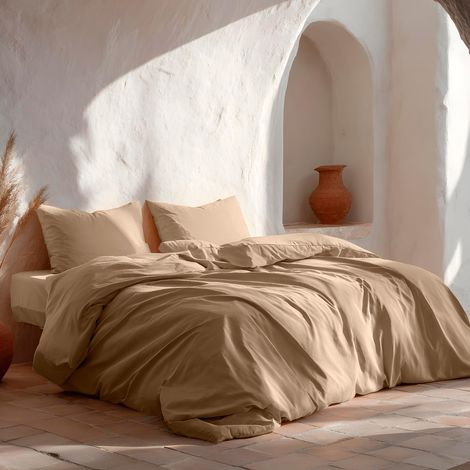 Parure de Lit 180, Uni 100% Coton, Housse de Couette 260x240 cm et 2 Taies d'oreiller, Respirante, Douce, Couleur Lin (1/5)