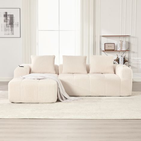 Canapé droit compact modulable en velours côtelé – 3 coussins épais – Poches latérales et porte-gobelet – Confort optimal pour salon et bureau