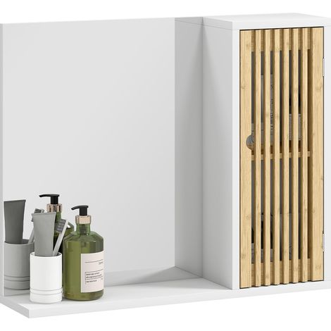 Miroir de salle de bain mural 60 x 50 cm avec étagères de rangement intégrées et porte à lattes en bambou, blanc et naturel