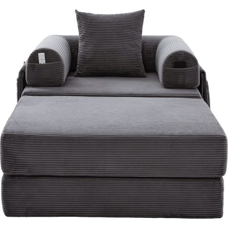Sofá modular de terciopelo acanalado gris oscuro con puf y cojín, estructura metálica (1/5)
