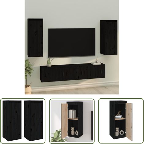The Living Store Armoires murales 2 pcs Noir 30x30x80 cm Bois de pin massif - Étagère Murale - Bibliothèque Murale - Rangement Mural - Meuble Suspendu - Armoire Murale (1/5)