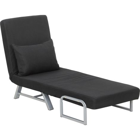Fauteuil chauffeuse canapé-lit Convertible inclinable 1 Place Coussin lombaires accoudoirs piètement métal Lin Noir