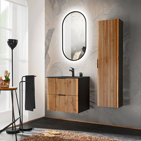Conjunto mueble lavabo individual encastrado 60cm espejo LED y columna Gaia Madera y Negro - Lavabo Negro (1/4)