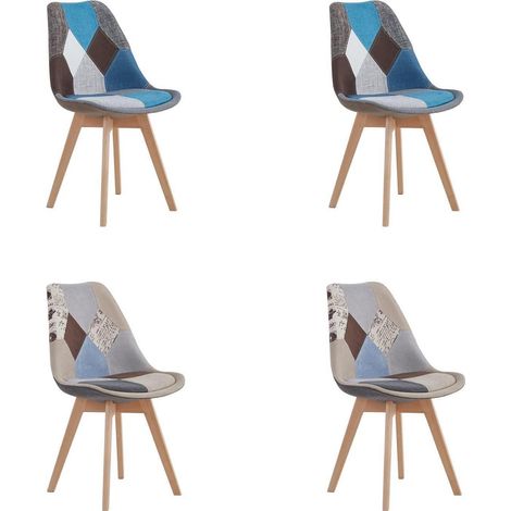 4er Set Esszimmerstühle Patchwork Braun+Blau mit Massivholzbeinen und abnehmbarem Sitzkissen (1/5)