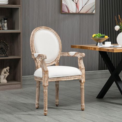 Sedia da pranzo in stile retrò, sedia da cucina con spessa imbottitura, effetto lino, braccioli, schienale, sedia da soggiorno, sedia imbottita per tavolo da pranzo, legno di caucciù, bianco crema + c
