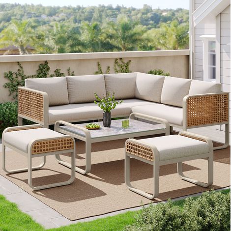 canapé salon jardin modulable 6 places rotin beige OKMYHOME (1/5)