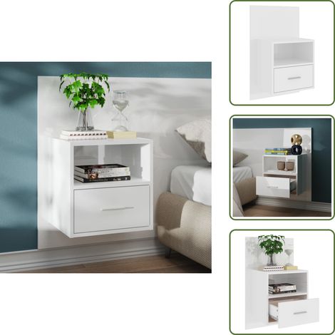 Wand-Nachttisch Hochglanz-Weiß - Wand-Nachttisch - Hochglanz-Weiß - Nachttisch Mit Schublade - Wohnzimmer Deko - Regal (1/5)