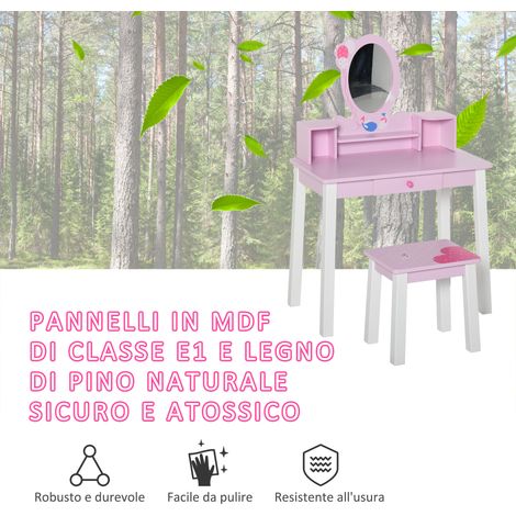 Coffret beauté rose pour enfants dès 3 ans : table de maquillage en bois avec miroir et tabouret (1/5)