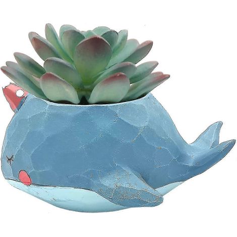 Mini pot de fleurs en résine représentant un adorable animal (baleine bleue), idéal pour décorer un bureau ou une plante grasse. (1/5)