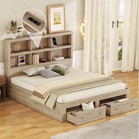 lit avec tiroirs 160x200, tête de lit rangement, naturel HAVRYA (1/5)