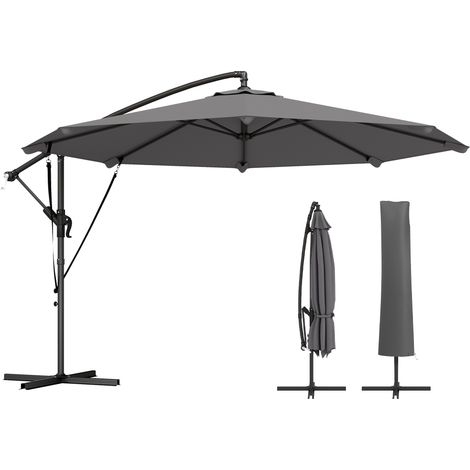 Parasol déporté inclinable Ø300 cm gris foncé, avec manivelle, pied en croix, haubans, housse