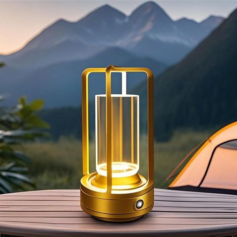 Tragbare Tischleuchte aus Metall, wiederaufladbare 4000-mAh-Akku-Tischleuchte für den Außenbereich, kabellose Lampe mit stufenloser Dimmfunktion und 3 Farben, Gold (1/5)