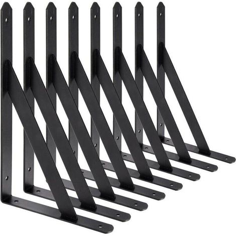 BR-Vie Equerre Etagere Murale, 8 Pcs Supports Triangulaires de 90 Degrés en Acier, Équerres Étagères 200mm x 120mm, Support d'angle Brace (Noir)
