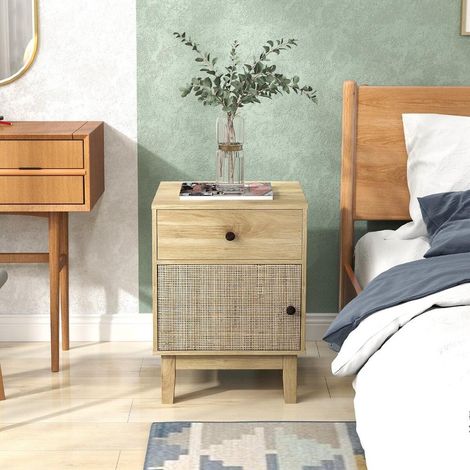 1 tiroir + 1 placard, table de chevet en rotin avec rangement, meuble de nuit pour chambre, pieds en bois massif (1/5)