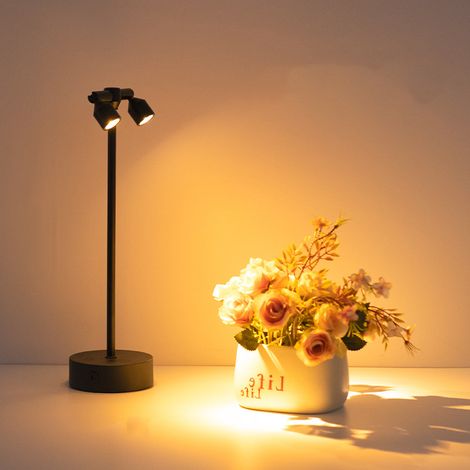 Lampe de bureau 360°, projecteur double tête à piles, pour décoration, rechargeable, blanc chaud, noir, sans fil (1/5)
