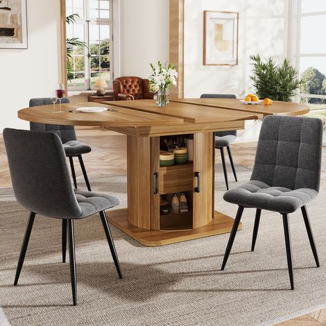 Ensemble de table à manger 5 pièces – Table extensible avec 4 chaises, rangement tiroirs, assise en lin gris, pour 4 à 6 personnes (1/5)