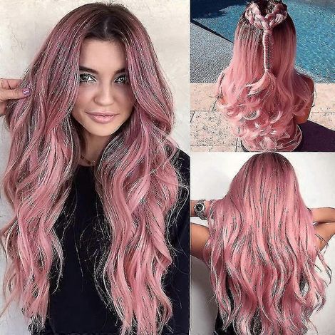 Bunte, lange, pinkfarbene Perücken für Damen, natürliche Kunsthaar-Ombré-Perücke mit dunklem Ansatz (1/5)