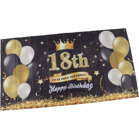 Toile de fond joyeux 18ème anniversaire noir et or 180x99cm réutilisable décoration anniversaire avec 4 œillets (1/5)