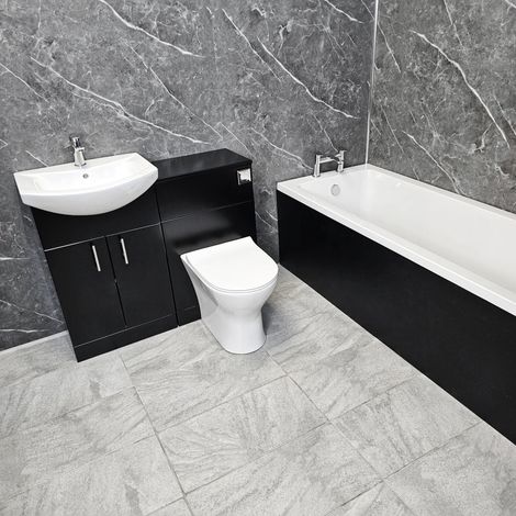 Complete Bathroom Suite Black Vanity Set with Bath Chrome Handles Taps Modern, With End Panel
