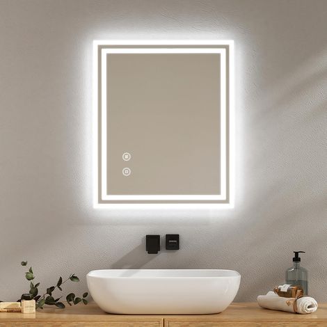 EMKE Specchio Bagno con Illuminazione 60x50 cm, Anti-appannamento, Interruttore Touch, Specchio Bagno Bianco Freddo Dimmerabile, Funzione Memoria, Spegnimento Automatico dopo 3 ore, Specchio LED (1/5)