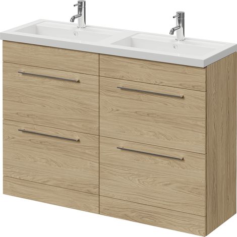 Napoli 390 Light Oak 1200mm 4 Drawer Vanity Unit with Double Lucia Basins - 1200mm - Chrome 320mm Handle