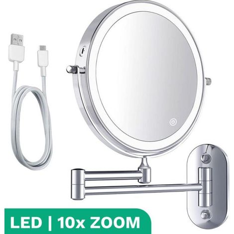 Miroir de maquillage lumineux LED – Grossissement x10 – 20 cm – Rotation à 360° – Fixation murale (1/5)